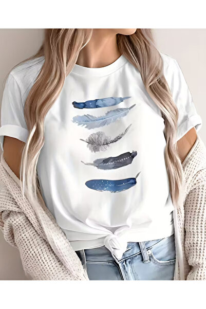 shi dumanlar giyim Unisex Mavi Tüy 5 Baskılı Oversize T-Shirt tshirt tişört