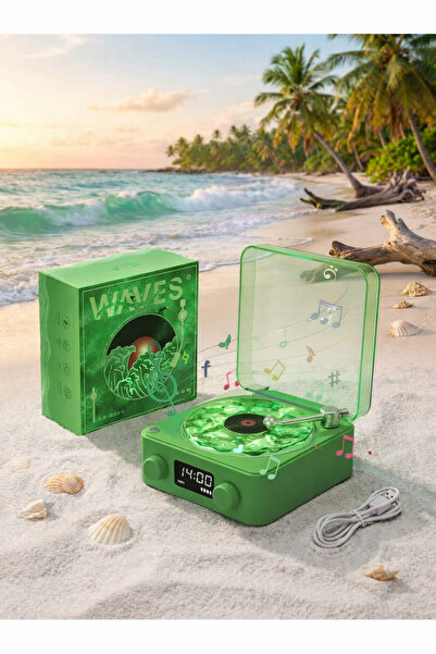 NEFFO Waves Nostalji Plak Çalar Bluetooth Subwoofer 3D Ses Dalgası Retro Müzik Plak Çalar Yeşil