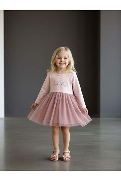 Zekids Kız Çocuk Pamuklu Love Yazılı Uzun Kollu Tütülü Elbise