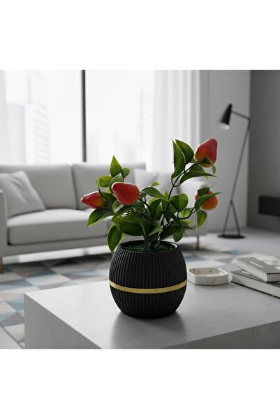 Dekoratif Yapay Çilek Bitkisi – Gold Detaylı Saksı – Siyah & Beyaz Renk Seçenekli (20 cm)