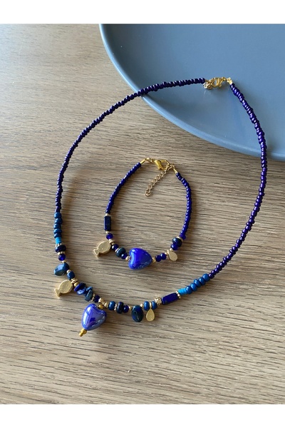 dela otantik طقم قلادة وسوار مطرز على شكل قلب - مجوهرات بوهيمية أصلية مصنوعة ...