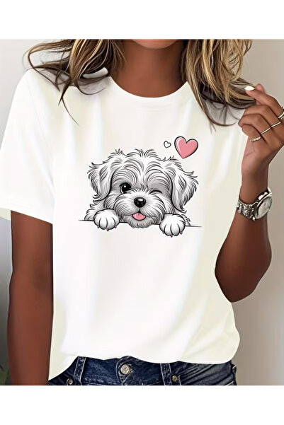 shi dumanlar giyim Unisex Köpek mini Kalpli Baskılı Oversize T-Shirt tshirt t...