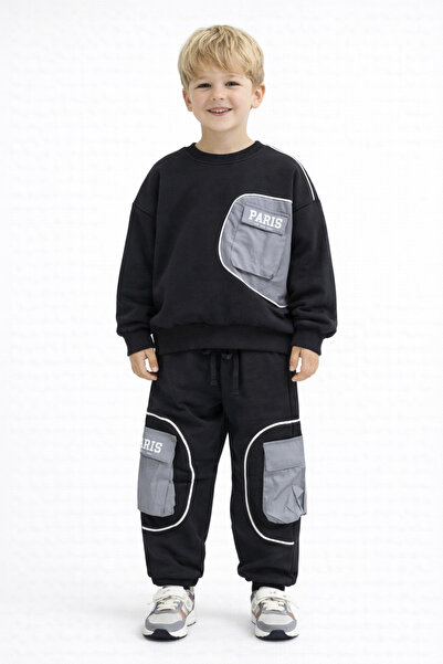 Motebarn Wear Момчешки черен двукомпонентен спортен екип с джобове