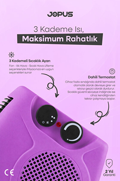 Jopus 2000W Elektrikli Fanlı Isıtıcı, Termostatlı, Sıcak-Soğuk Hızlı Isıtma, 25 m² Alan Kapasitesi - Lila