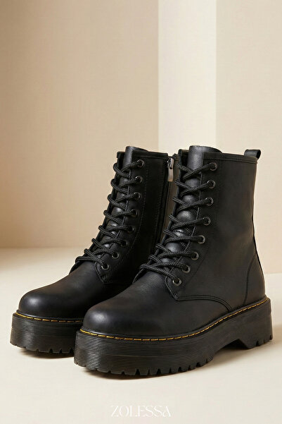 ZOLESSA Kadın Siyah Postal Bot Kaymaz Tırtıklı Taban Kalın Topuklu Bağcıklı F...