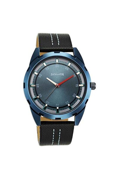 SONATA Blues 7149QL02 Men's Watch – Blue Dial, Black Leather Strap, Quartz Mo...
