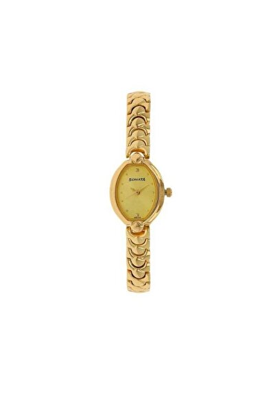 SONATA ساعة نسائية تناظرية 8107YM02 - مينا بلون الشمبانيا، سوار من الفولاذ ال...