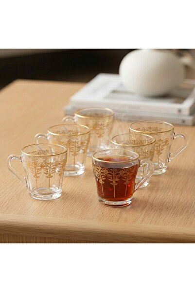 FAIR HOME Akasya Altın Yaldızlı Kazıma Model - El Boyama 6 Kişilik Cam Çay Fi...