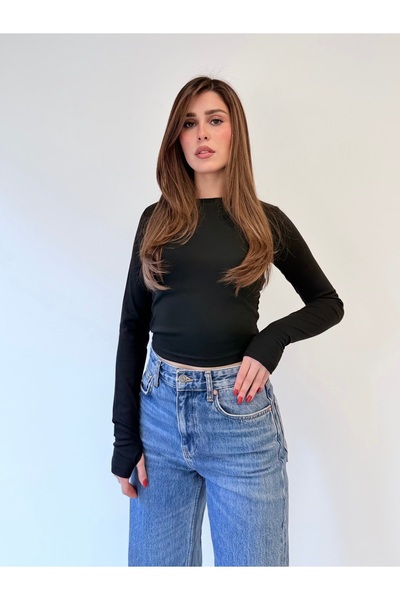 ossons Bluză basic cu mânecă lungă cu bumbac 100% degete pentru femei