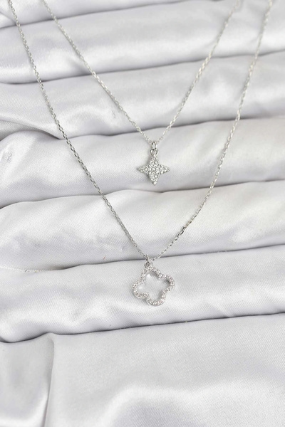 Clariss Brass Silver Color Clover Model 2-Piece Women's Necklace