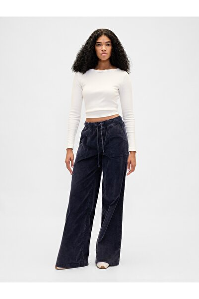 GAP Kadın Lacivert Mid Rise Corduroy Baggy Pantolon