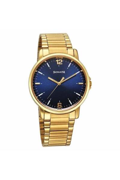 SONATA 77083YM08 Men's Watch – Blue Dial, Gold-Tone Stainless Steel Bracelet,...