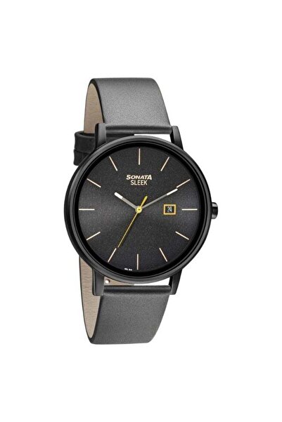 SONATA ساعة رجالية 7131NL04 - مينا أسود، سوار جلدي أسود، حركة كوارتز، مقاومة ...