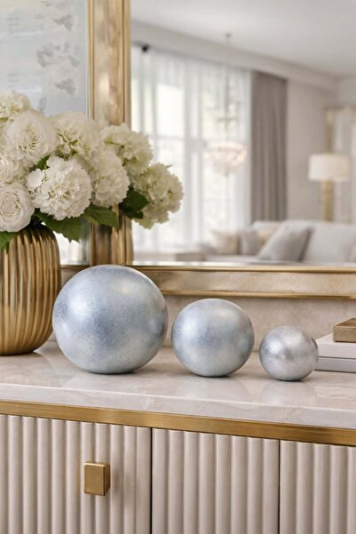 Otaera 3’lü Gümüş Dekoratif Küre Seti – Modern Ev & Masaüstü Lüks Obje (3 Far...