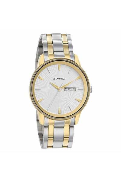 SONATA Quartz Analog with Day and Date Silver Dial Bimetal Strap Watch for Men