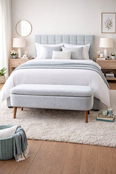 KOKİ DESİGN OSLO İthal Premium Kumaş Petek Desen Gri Sandıklı Bench Puf