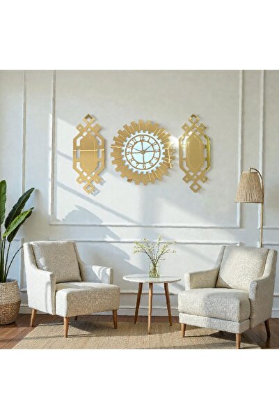 EYKA STORE 3 Lü Pleksi Ayna Duvar Saati Set Gold Beyaz Duvar Saati Seti 50 cm Saat 2 Tablo 25 x 62 cm