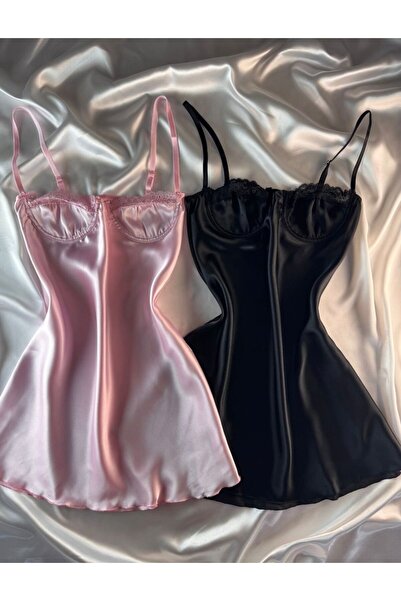 HAMA LOVE Kadın Pembe - Siyah Saten Gecelik