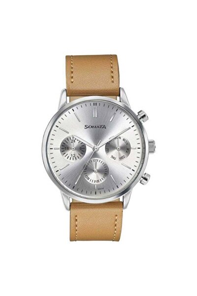 SONATA 77139SL01 Men's Analog Watch – Silver Dial, Brown Leather Strap