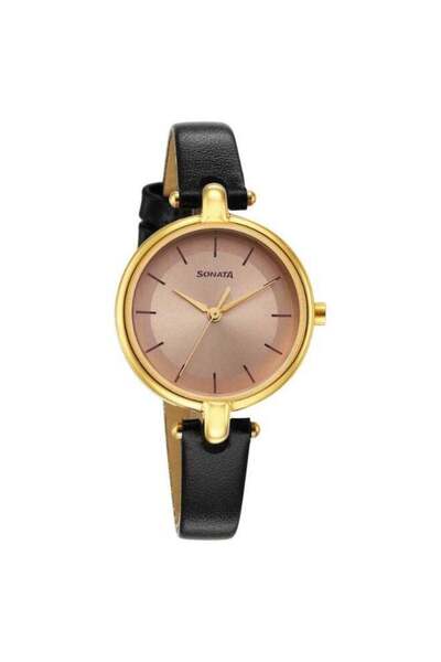 SONATA 87043YL01 Women's Watch – Pink Dial, Black Leather Strap