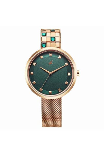 FASTRACK ساعة فليك النسائية 6300WM02 - مينا أخضر غابي، سوار ذهبي وردي