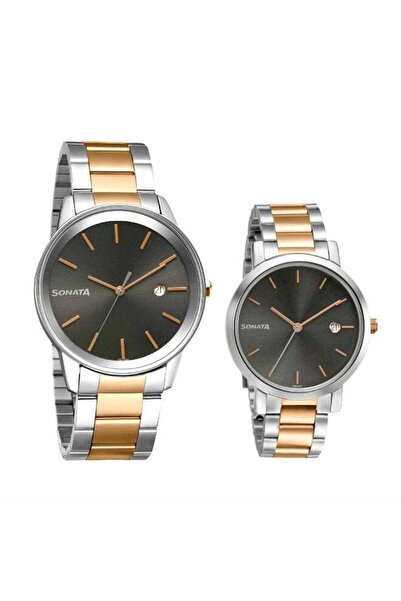 SONATA ساعة كوارتز تناظرية مع عرض التاريخ، مينا أسود، سوار معدني، مناسبة للأزواج