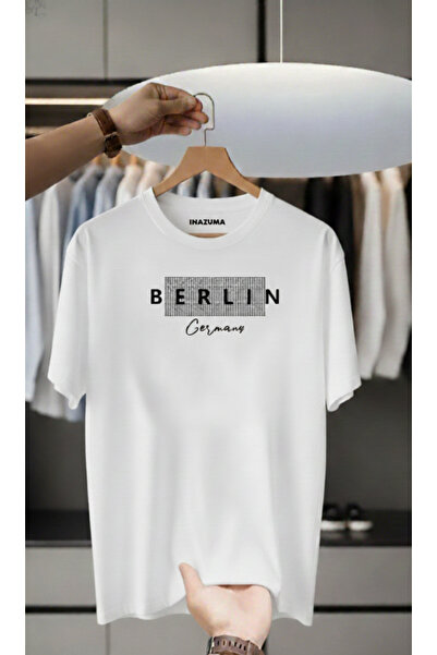 İnazuma Outdoors Unisex Oversized Printed Cotton Crew Neck Short Sleeve White T-Shirt Berlin