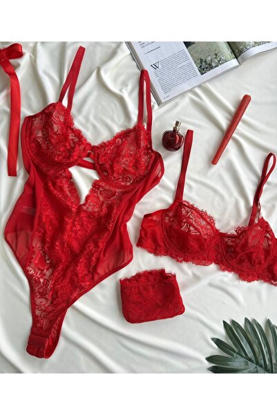 HAMA LOVE Kadın Kırmızı Bodysuit İç Çamaşır Takımı Seti