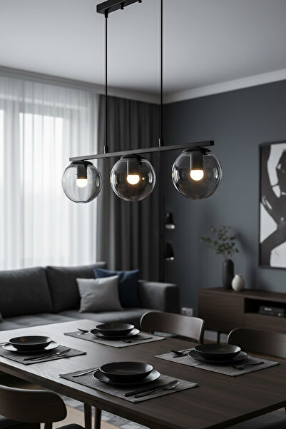 Uçar Efes Modern Tasarım Minimal Yemek Masası Üzeri Salon Mutfak Oturma Odası Siyah Renk Camlı 3 lü Avize