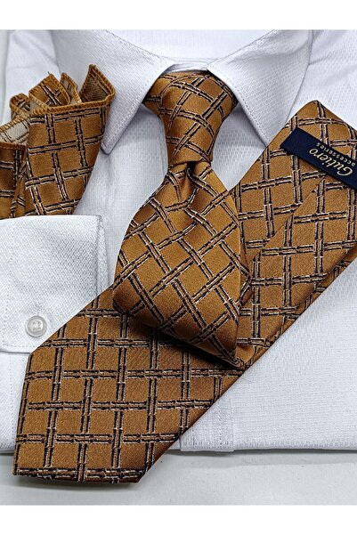 Gutiero Sarı Desenli Mendilli Klasik Kravat