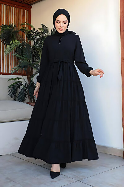 Moda Hayme Medine İpeği Fermuarlı Kat Kat Detaylı Ferace-Siyah