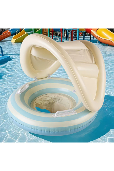 Guria Store Gölgelikli Bebek & Çocuk Yüzme Simidi, Mavi Şeritli, Güneş Koruma...