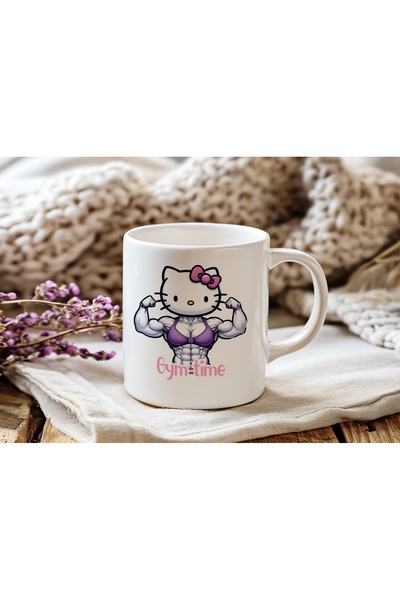 Beramussa Hello Kitty Bodybuilder Kaslı Kedi Karikatür Tasarım Baskılı Beyaz ...