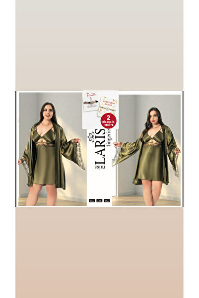 ABAGlobal Büyük Beden Haki Saten Dantel Detaylı Gecelik & Sabahlık Takımı