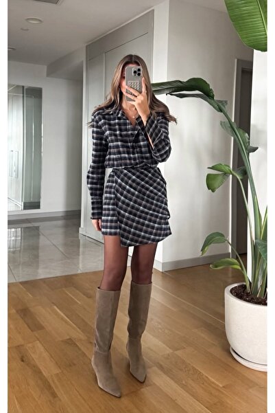 FEMMESTUDIO Women's Plaid Buttoned Navy Blue Dress