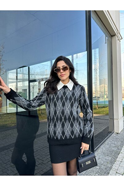 LOTUS CITY Baklava Patterned Soft Textured Knit Sweater Black Anthracite