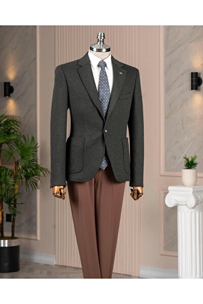 TerziAdemAltun Italian Style S Slim Fit Mono Collar Wool Blended Men's Single...