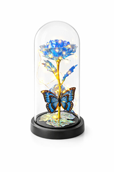 OEM Plastic dome with blue rose and decorative LED butterfly, gift box included, 20 cm high