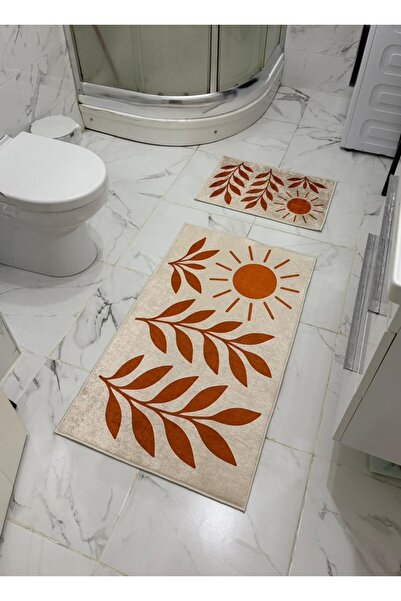 Etnik Dekor Sun Patterned Digital Printing 2-Piece Bathroom Mat Set Non-Slip ...