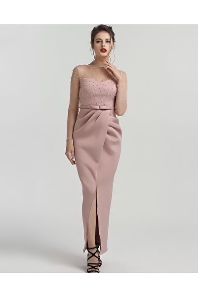 MsfashionX Elegant Long Evening Dress in Pink with Pearl Embellishment and Sh...