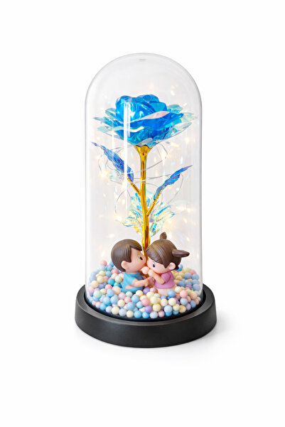 OEM Plastic dome with blue LED rose and 2 lovers, 20 cm, gift box