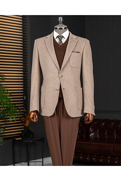 TerziAdemAltun Italian style s Slim Fit mono collar bag pocket men's jacket beige t15056