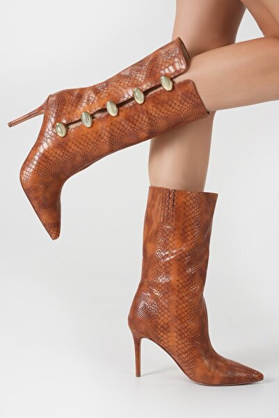 Katy Perry The Revival Ornamet Women's Tan Snake Printed Heeled Boots