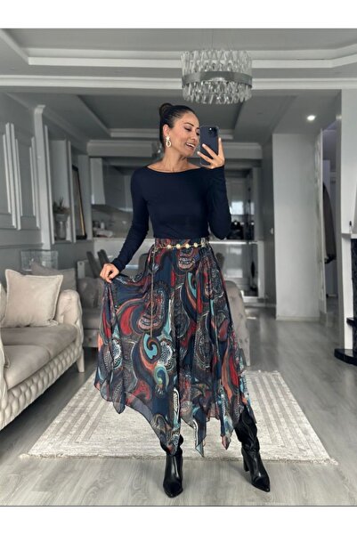 AuraModa KADIN ŞİFON ASİMETRİK KESİM LASTİKLİ ETEK