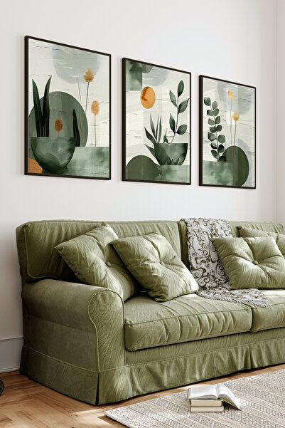 kutuTR Siyah Çerçeveli 2D Uv Baskı 3’lü Mdf Tablo Set –Yeşil Tonlarda Bitki V...