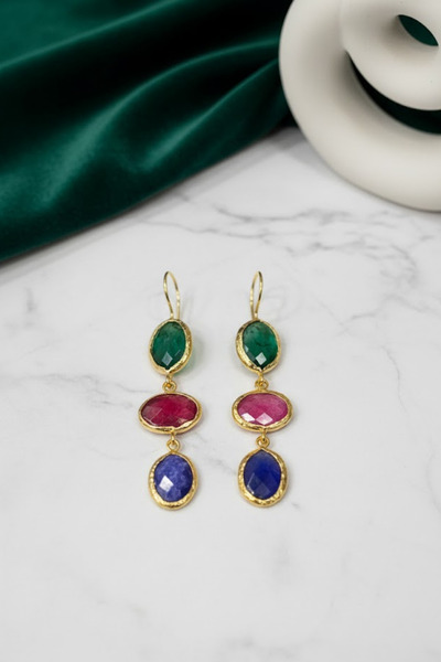 RADESA Altın Kaplama Bronz Zümrüt Yakut Lapis Taşlı Sallantılı Küpe