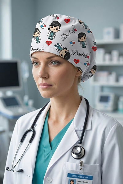 Lion Üniforma Doctor Desenli Cerrahi Bone Unisex – Likralı Doktor Hemşire Bonesi