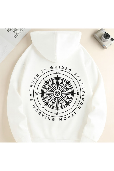 CLASSY.MODA سويت شيرت يومي مريح للجنسين قصة فضفاضة بغطاء رأس بوصلة مطبوع بتصم...