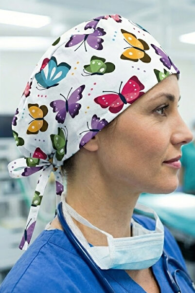 Lion Üniforma Beyaz Kelebek 1 Desenli Cerrahi Bone Unisex – Likralı Doktor He...