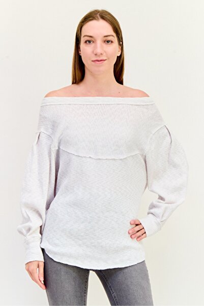 Free People Women Off Shoulder Long Sleeve Textured Sweatshirt, Ivory